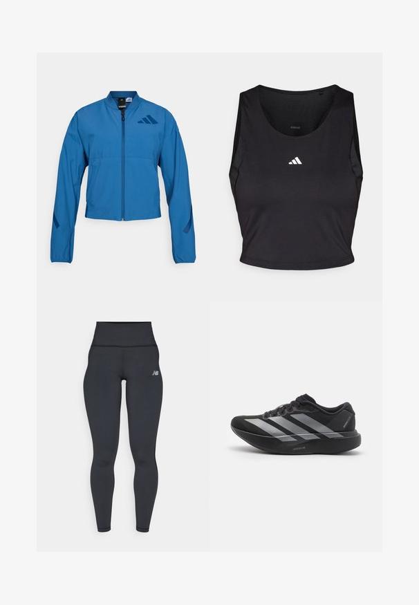 Sininen lyhyt takki, jossa on vetoketjusuljenta edessä, pystypystykaulus ja kuminauhalliset hihansuut. Takissa on kaksi vaakasuuntaista taskua ja rintakehällä logo.; Musta urheilu crop-top, joka on valmistettu kosteutta siirtävästä kankaasta. Siinä on pyöreä kaula-aukko, hihaton malli ja valkoinen logo rinnassa.; Mustat korkeavyötäröiset urheiluleggingsit, joissa on tiukka muotoilu, sileä pinta ja pieni valkoinen logo vasemmassa lantiossa.; Musta juoksukenkä, jossa on hopeiset raidat, paksu pehmeä pohja, jossa on merkintä "Lightstrike Pro", sivukuva valkoista taustaa vasten.