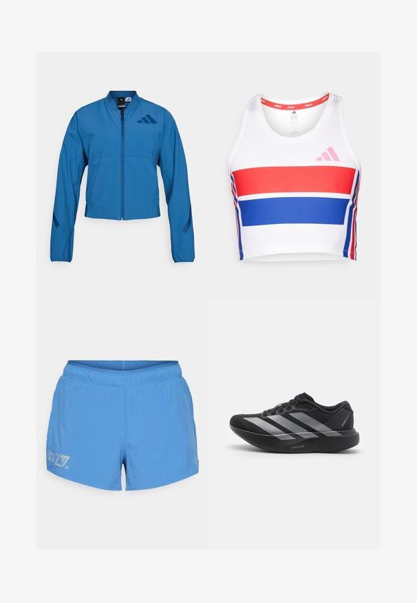 Blauwe korte jas met ritssluiting aan de voorkant, opstaande kraag en elastische manchetten. Heeft twee horizontale zakken en een logo-accent op de borst.; Korte atletische tanktop in het wit met rode en blauwe horizontale strepen. Voorzien van het roze adidas-logo, een ronde halslijn en een soepele stofstructuur.; Lichtblauwe hardloopshorts met een geperforeerde textuur, elastische tailleband en bedrukte logo en details op de linker dij.; Zwarte hardloopschoen met zilveren strepen, dikke gedempte zool met het label "Lightstrike Pro," zijaanzicht op witte achtergrond.