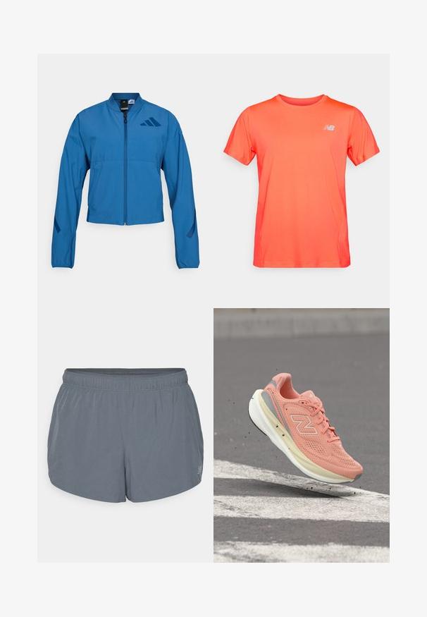 Veste courte bleue avec fermeture éclair à l'avant, col montant et poignets élastiqués. Comprend deux poches horizontales et un logo sur la poitrine.; T-shirt de sport orange vif à manches courtes avec un petit logo blanc de New Balance sur la poitrine gauche, présenté sur un fond uni.; Shorts de sport gris avec une texture douce, une taille élastique et un ourlet légèrement incurvé. Présente de petites perforations pour la respirabilité.; Chaussure de running New Balance rose clair avec semelle blanche prise en plein air au-dessus d'une surface d'asphalte grise avec des marquages routiers blancs.