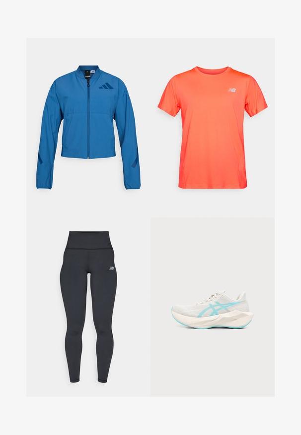 Blauwe korte jas met ritssluiting aan de voorkant, opstaande kraag en elastische manchetten. Heeft twee horizontale zakken en een logo-accent op de borst.; Felrood sport T-shirt met korte mouwen en een klein wit New Balance-logo op de linkerborst, weergegeven op een effen achtergrond.; Zwarte high-waisted sportlegging met een getailleerd ontwerp, een soepele textuur en een klein wit logo op de linkse heup.; Lichtbeige hardloopschoen met dikke geometrische zool en lichtblauwe accentlijnen en buitenzool, zijaanzicht tegen een witte achtergrond.