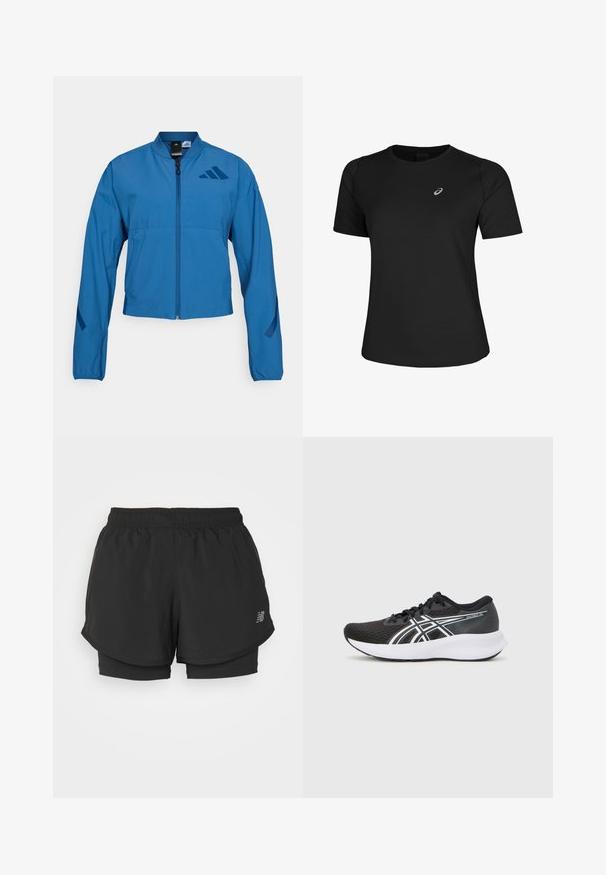 Blå cropped jakke med lynlås foran, stående krave og elastiske manchetter. Har to horisontale lommer og et logo-accent på brystet.; Sort atletisk T-shirt lavet af glat stof, med rund halsudskæring og korte ærmer. Indeholder et reflekterende logo på venstre front.; Sorte sportsshorts med elastisk talje, med et lagdelt design og en inderside. Stoffet virker let og glat.; Sorte atletiske sko med en tekstureret mesh-overdel, hvide accenter og en polstret hvid sål. Har et logo på siden og snørebånd.