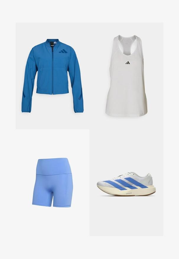 Blaue kurze Jacke mit durchgehendem Reißverschluss, Stehkragen und elastischen Bündchen. Verfügt über zwei horizontale Taschen und ein Logoakzent auf der Brust.; Weißes Sport-Top aus leichtem Stoff mit Racerback-Design und kleinem schwarzem Logo auf der Brust.; Blaue Sportshorts aus dehnbarem Stoff, mit elastischem Bund und einer Seitentasche, glatter Textur und ohne sichtbare Muster.; Weißer Laufschuh mit drei blauen Streifen, hellbeiger dicker Sohle mit der Aufschrift "Lightstrike Pro," und weißen Schnürsenkeln vor einfachem Hintergrund.