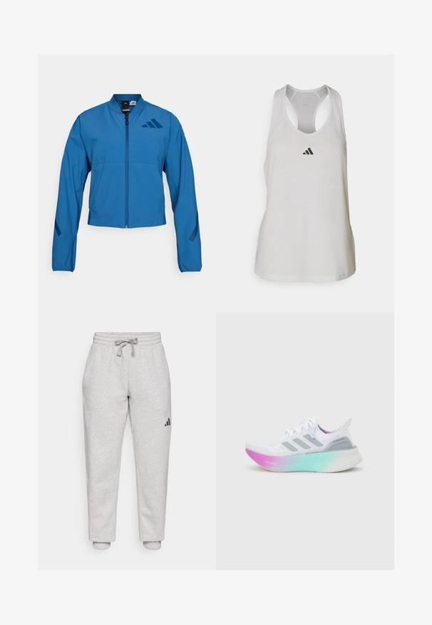 Blaue kurze Jacke mit durchgehendem Reißverschluss, Stehkragen und elastischen Bündchen. Verfügt über zwei horizontale Taschen und ein Logoakzent auf der Brust.; Weißes Sport-Top aus leichtem Stoff mit Racerback-Design und kleinem schwarzem Logo auf der Brust.; Helle graue Sweatpants mit elastischem Bund und Kordelzug. Mit Bündchen an den Knöcheln. Schwarzes Logodetail am linken Bein. Aus weichem Baumwollmaterial.; Weißer Adidas-Laufschuh mit grauen Streifen und einer dicken Sohle, die von Pink zu Grün verläuft, mit den Schriftzügen "Lightboost" und "Ultraboost".