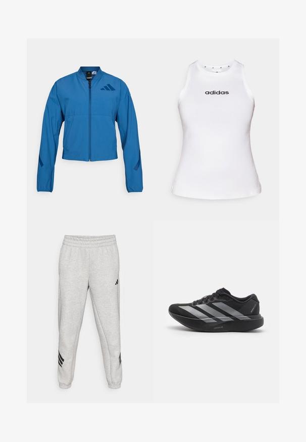 Blauwe korte jas met ritssluiting aan de voorkant, opstaande kraag en elastische manchetten. Heeft twee horizontale zakken en een logo-accent op de borst.; Witte mouwloze sporttop, gemaakt van gladde stof. Voorzien van een ronde hals en zwart "adidas" logo over de borst. Eenvoudig ontwerp, geen patronen.; Lichtgrijze sweatpants met een geribbelde elastische tailleband, taps toelopende pijpen en drie zwarte diagonale strepen nabij de manchetten. Soepele textuur.; Zwarte hardloopschoen met zilveren strepen, dikke gedempte zool met het label "Lightstrike Pro," zijaanzicht op witte achtergrond.