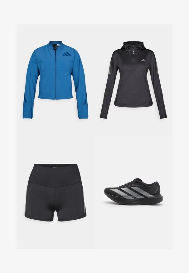 Blå cropped jakke med lynlås foran, stående krave og elastiske manchetter. Har to horisontale lommer og et logo-accent på brystet.; Sort langærmet sports hoodie med kvart lynlås, struktureret stof, justerbar hætte og reflekterende striber på ærmerne. Har logo på brystet.; Sorte atletikshorts med højt taljebånd, lavet af strækstof. Har hvide sidelommer og flatlock-sømme for komfort.; Sort løbesko med sølvstriber, tyk polstret sål mærket "Lightstrike Pro," set fra siden på hvid baggrund.
