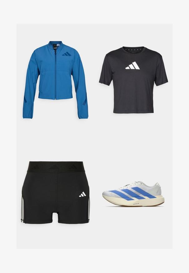 Blauwe korte jas met ritssluiting aan de voorkant, opstaande kraag en elastische manchetten. Heeft twee horizontale zakken en een logo-accent op de borst.; Zwarte cropped t-shirt van gladde stof, met een witte Adidas-logo op de borst, ronde halslijn en korte mouwen.; Zwarte sportieve shorts gemaakt van rekbaar materiaal. Heeft een brede zwarte tailleband met reliëflogo en witte zijstrepen.; Witte hardloopschoen met drie blauwe strepen, lichtbeige dikke zool met label "Lightstrike Pro," en witte veters op een effen achtergrond.