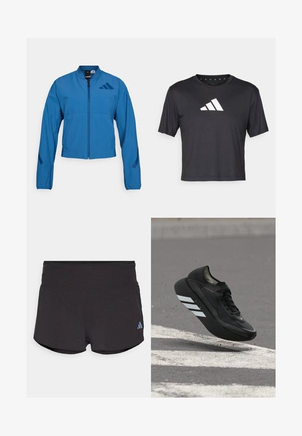 Blauwe korte jas met ritssluiting aan de voorkant, opstaande kraag en elastische manchetten. Heeft twee horizontale zakken en een logo-accent op de borst.; Zwarte cropped t-shirt van gladde stof, met een witte Adidas-logo op de borst, ronde halslijn en korte mouwen.; Zwarte sportshorts met een gematteerde afwerking, voorzien van een brede tailleband en een Adidas-logo in lichtblauw aan de onderzijde links.; Zwarte hardloopschoen met witte strepen op de zool, zwevend boven asfalt met witte wegmarkeringen, waarbij kleine stukjes omhoog worden gestoten.