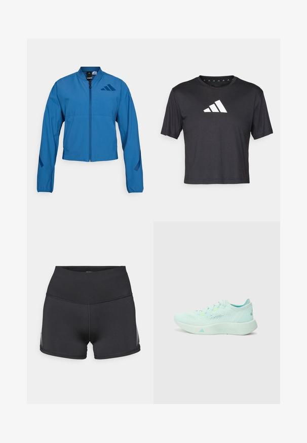 Blå cropped jakke med lynlås foran, stående krave og elastiske manchetter. Har to horisontale lommer og et logo-accent på brystet.; Sort cropped t-shirt lavet af glat stof, prydet med et hvidt Adidas-logo på brystet, rund halsudskæring og korte ærmer.; Sorte atletikshorts med højt taljebånd, lavet af strækstof. Har hvide sidelommer og flatlock-sømme for komfort.; Lyseblå løbesko med en mesh-overdel, struktureret sål og polstret krave. Har neonlysende detaljer og et strømlinet design.