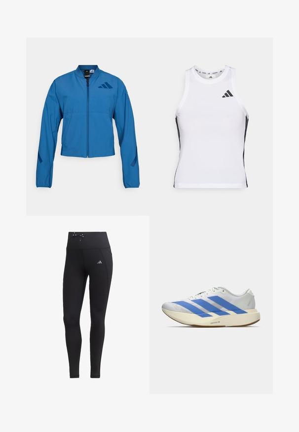 Blauwe korte jas met ritssluiting aan de voorkant, opstaande kraag en elastische manchetten. Heeft twee horizontale zakken en een logo-accent op de borst.; Witte sportieve tanktop met zwarte zijaccenten en logo. Heeft een ronde halslijn en een getailleerd design, gemaakt van lichtgewicht, ademend materiaal.; Zwarte legging met hoge taille, koorddetail en zijzakken. Gemaakt van gladde stof met reflecterende logo-accent.; Witte hardloopschoen met drie blauwe strepen, lichtbeige dikke zool met label "Lightstrike Pro," en witte veters op een effen achtergrond.