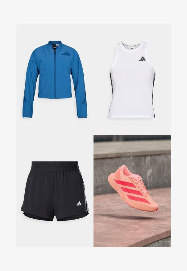 Blå cropped jakke med lynlås foran, stående krave og elastiske manchetter. Har to horisontale lommer og et logo-accent på brystet.; Hvid athletic tanktop med sorte sideaccentuer og logo. Har en scoop-neckline og tætsiddende design, lavet af letvægts, åndbart materiale.; Sorte sport shorts med elastisk talje, der har et tekstureret bånd, sidestreger og et hvidt Adidas-logo på den nederste kant.; Lyse koral athletic sko med klare røde striber og snørebånd, der svæver over stenetrin i en udendørs omgivelser.