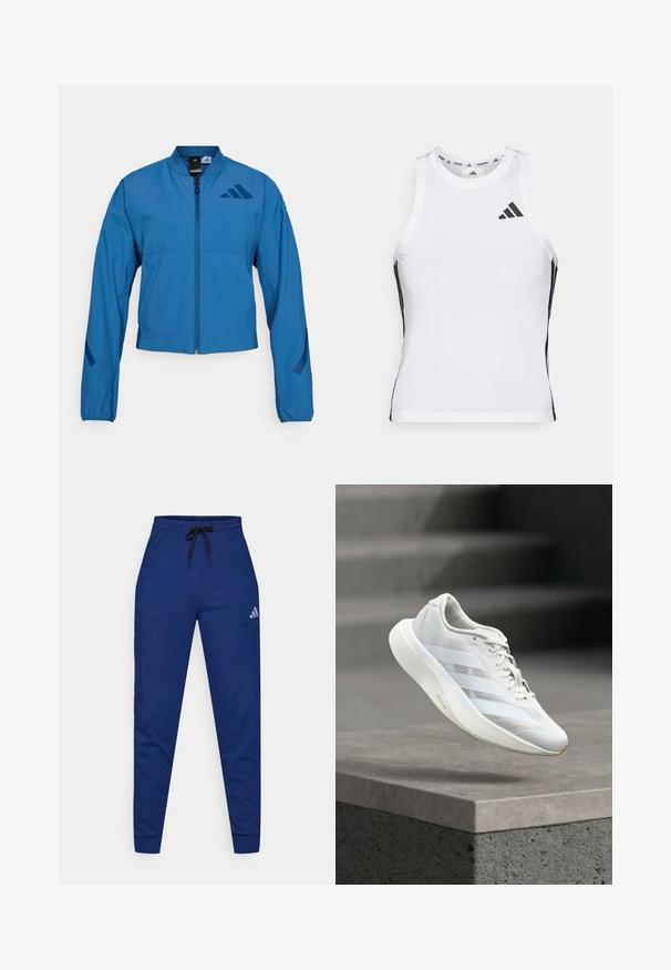 Blauwe korte jas met ritssluiting aan de voorkant, opstaande kraag en elastische manchetten. Heeft twee horizontale zakken en een logo-accent op de borst.; Witte sportieve tanktop met zwarte zijaccenten en logo. Heeft een ronde halslijn en een getailleerd design, gemaakt van lichtgewicht, ademend materiaal.; Blauwe katoenen joggers met een elastische tailleband, een verstelbare zwarte trekkoord en een klein wit logo op de linker dij. Aansluitend ontwerp.; Witte sportschoen met een gestructureerd bovenwerk, drie zijstrepen, een gedempte zool en een afgeronde neus, geplaatst boven een betonnen oppervlak.