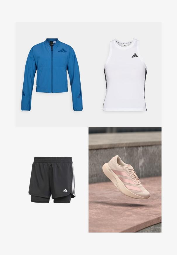 Blå cropped jakke med lynlås foran, stående krave og elastiske manchetter. Har to horisontale lommer og et logo-accent på brystet.; Hvid athletic tanktop med sorte sideaccentuer og logo. Har en scoop-neckline og tætsiddende design, lavet af letvægts, åndbart materiale.; Sorte atletiske shorts med indre lag, elastisk talje og hvide tre striber på siderne, der har et lille hvidt logo. Glat tekstur.; Lyserød sneaker med tre mørkere lyserøde striber og snørebånd, svævende i luften over en stens overflade og trin i baggrunden.
