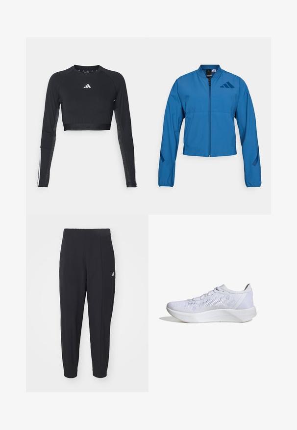 Blå cropped jakke med lynlås foran, stående krave og elastiske manchetter. Har to horisontale lommer og et logo-accent på brystet.; Sort cropped træningstop med lange ærmer lavet af glat stof. Har et hvidt logo på brystet og stribede detaljer på ærmerne.; Sorte træningsbukser lavet af et glat stof. Taperet design med elastiske manchetter. Har et lille hvidt logo på venstre hofte.; Hvide sportssko med en åndbar mesh-overdel, snørebåndsdesign, polstret krave og en struktureret gummisål for bedre greb.