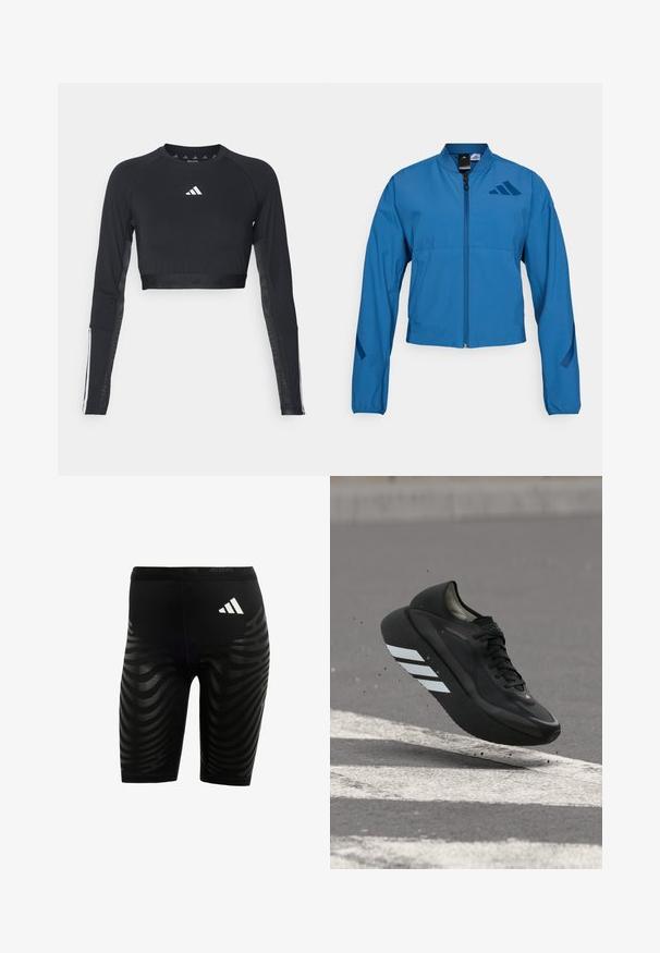 Blå cropped jakke med lynlås foran, stående krave og elastiske manchetter. Har to horisontale lommer og et logo-accent på brystet.; Sort cropped træningstop med lange ærmer lavet af glat stof. Har et hvidt logo på brystet og stribede detaljer på ærmerne.; Sorte sportsbukser med et tekstureret design, der har bølgede striber. Hvidt logo på taljen, lavet af fugttransporterende materiale.; Sort løbesko med hvide striber på sålen, svævende over asfalt med hvide vejstriber og slynter små stykker op.