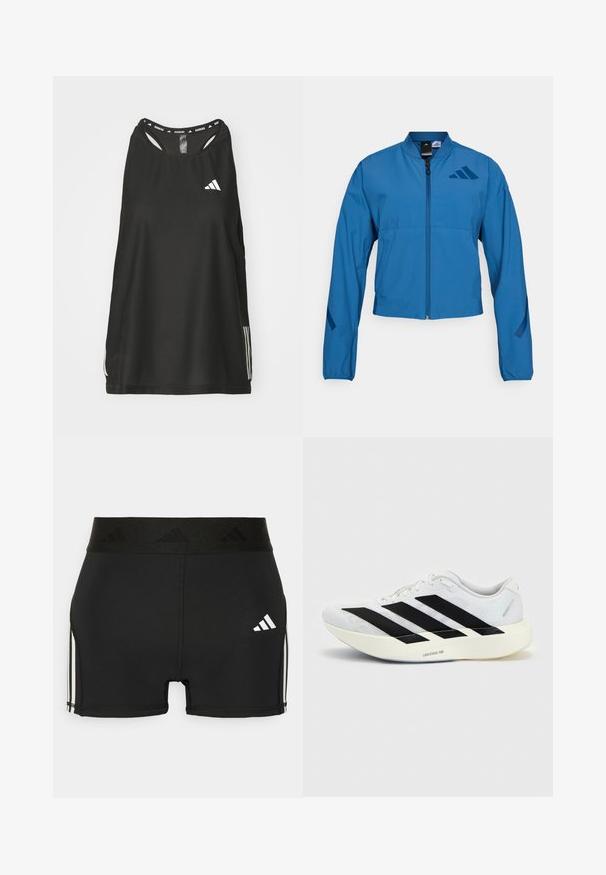 Blauwe korte jas met ritssluiting aan de voorkant, opstaande kraag en elastische manchetten. Heeft twee horizontale zakken en een logo-accent op de borst.; Zwarte mouwloze sporttop met een ronde halslijn. Bevat een wit logo en drie witte strepen aan de zijkanten; gemaakt van ademend materiaal.; Zwarte sportieve shorts gemaakt van rekbaar materiaal. Heeft een brede zwarte tailleband met reliëflogo en witte zijstrepen.; Witte hardloopschoen met zwart drie-strepen ontwerp aan de zijkant en dikke witte zool met label "Lightstrike Pro" op een effen achtergrond.