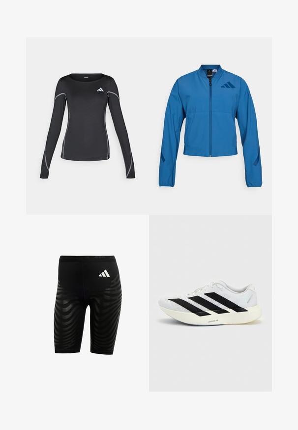 Blauwe korte jas met ritssluiting aan de voorkant, opstaande kraag en elastische manchetten. Heeft twee horizontale zakken en een logo-accent op de borst.; Zwarte lange mouwen sportshirt met een ronde halslijn en reflecterend zilveren stiksel. Bevat een klein wit logo op de bovenste linkerzijde.; Zwarte sportieve shorts met een gestructureerd ontwerp en golvende strepen. Witte logo op de tailleband, gemaakt van vochtafvoerend materiaal.; Witte hardloopschoen met zwart drie-strepen ontwerp aan de zijkant en dikke witte zool met label "Lightstrike Pro" op een effen achtergrond.