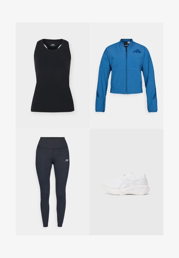 Blå cropped jakke med lynlås foran, stående krave og elastiske manchetter. Har to horisontale lommer og et logo-accent på brystet.; Sort ærmeløs sportstanktop med rund halsudskæring og bryderryg, vist på ensfarvet lyst baggrund.; Sorte højtaljede leggings lavet af strækbart materiale, med et elegant design og et lille reflekterende logo på låret.; Hvid atletisk sko med en åndbar mesh-overdel og polstret sål, prydet med et tekstureret mønster og minimalistiske designaksenter.