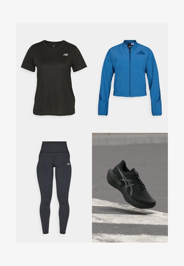 Blauwe korte jas met ritssluiting aan de voorkant, opstaande kraag en elastische manchetten. Heeft twee horizontale zakken en een logo-accent op de borst.; Zwarte T-shirt met korte mouwen van gladde stof, met een ronde halslijn en een reflecterende witte logo op de linkerkant van de borst.; Zwarte high-waisted sportlegging met een getailleerd ontwerp, een soepele textuur en een klein wit logo op de linkse heup.; Zwarte hardloopschoen met wit logo half in de lucht boven asfalt met witte wegmarkering en kleine opgewaaide stukjes eronder.