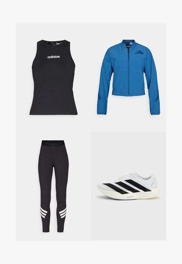 Blaue kurze Jacke mit durchgehendem Reißverschluss, Stehkragen und elastischen Bündchen. Verfügt über zwei horizontale Taschen und ein Logoakzent auf der Brust.; Schwarzes ärmelloses Oberteil aus Baumwolle mit einem runden Halsausschnitt und dem weißen "adidas"-Logo in der Mitte der Brust. Glatte Textur, normale Passform.; Schwarze Leggings aus dehnbarem Stoff, mit einem breiten Bund und drei weißen horizontalen Streifen in der Nähe der Unterschenkel.; Weißer Laufschuh mit schwarzem Drei-Streifen-Design an der Seite und dicker weißer Sohle mit der Aufschrift "Lightstrike Pro" auf einfarbigem Hintergrund.