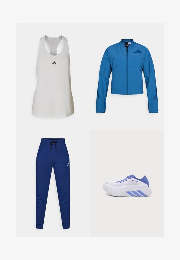 Veste courte bleue avec fermeture éclair à l'avant, col montant et poignets élastiqués. Comprend deux poches horizontales et un logo sur la poitrine.; Débardeur de sport blanc en tissu léger avec un dos nageur et un petit logo noir sur la poitrine.; Joggeurs en coton bleu avec une taille élastique, cordon noir ajustable et un petit logo blanc sur la cuisse gauche. Design ajusté.; Chaussure de sport blanche et bleue avec semelle épaisse, panneaux en mesh et trois bandes bleues sur le côté, vue de profil sur un fond uni.