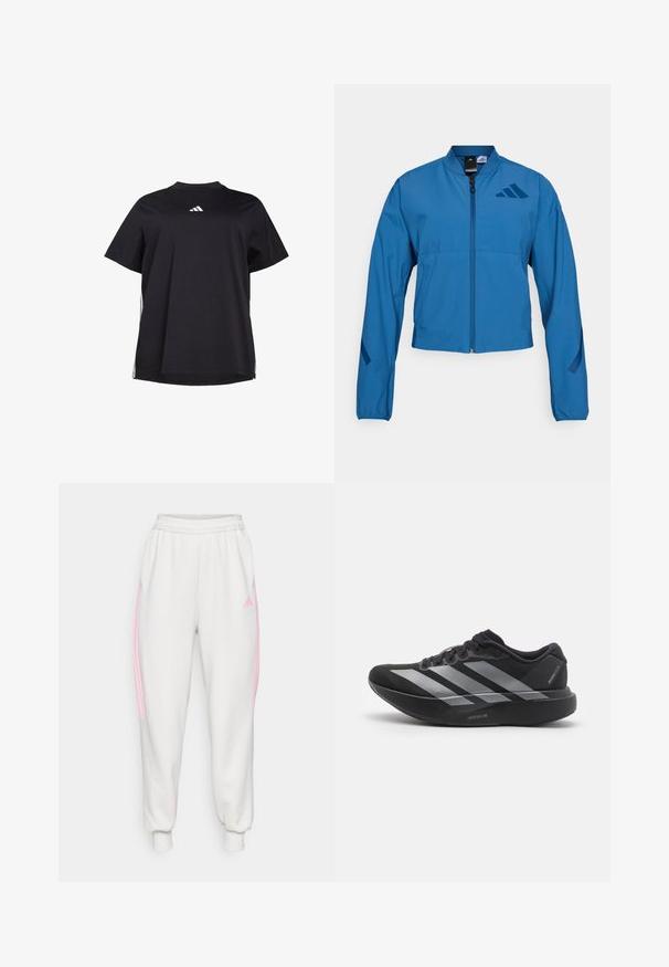 Blaue kurze Jacke mit durchgehendem Reißverschluss, Stehkragen und elastischen Bündchen. Verfügt über zwei horizontale Taschen und ein Logoakzent auf der Brust.; Schwarzes T-Shirt mit kurzen Ärmeln aus weichem Stoff, ausgestattet mit einem weißen horizontalen Akzent an den Seiten und einem weißen Logo auf der Brust.; Weißer Jogginghose mit elastischen Bündchen an den Knöcheln, pinken seitlichen Streifen und einem kleinen pinken Adidas-Logo auf der oberen linken Oberschenkel.; Schwarzer Laufschuh mit silbernen Streifen, dicke gepolsterte Sohle beschriftet "Lightstrike Pro", Seitenansicht auf weißem Hintergrund.