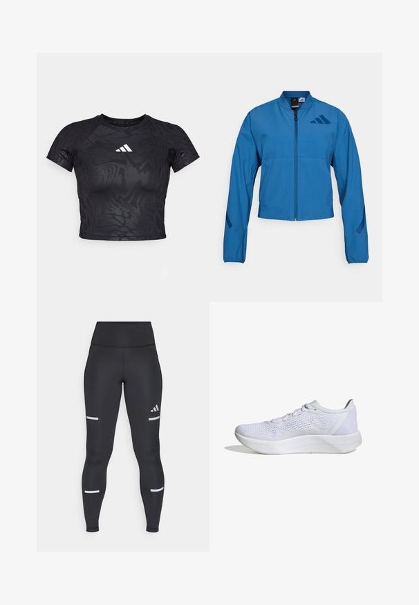 Blå cropped jakke med lynlås foran, stående krave og elastiske manchetter. Har to horisontale lommer og et logo-accent på brystet.; Sort cropped atletisk t-shirt med et struktureret mønster, korte ærmer og et hvidt logo på brystet. Materialet ser glat og fleksibelt ud.; Sorte leggings med høj talje, lavet af glat materiale. Har hvide reflekterende striber nær knæene og et Adidas-logo.; Hvide sportssko med en åndbar mesh-overdel, snørebåndsdesign, polstret krave og en struktureret gummisål for bedre greb.