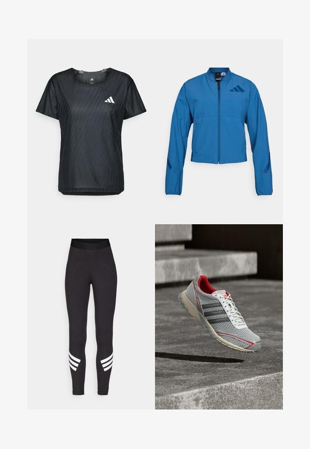 Blauwe korte jas met ritssluiting aan de voorkant, opstaande kraag en elastische manchetten. Heeft twee horizontale zakken en een logo-accent op de borst.; Zwart sportshirt met ronde hals, korte mouwen en een textielstructuur met een subtiel patroon. Voorzien van een wit logo op de voorkant.; Zwarte legging van rekbaar materiaal, met een brede tailleband en drie witte horizontale strepen nabij de onderbenen.; Grijze sportschoen met mesh bovenwerk, rode voering, witte veters en drie zwarte strepen. Lichtgrijze zool met rode accenten.