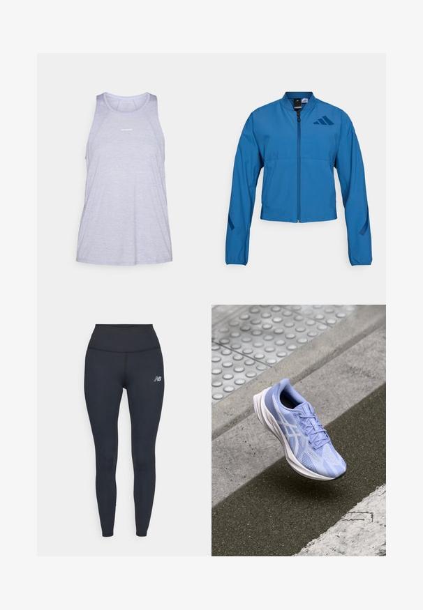 Blauwe korte jas met ritssluiting aan de voorkant, opstaande kraag en elastische manchetten. Heeft twee horizontale zakken en een logo-accent op de borst.; Lichtpaarse sportieve tanktop, gemaakt van ademende stof, met een ronde halslijn, mouwloos ontwerp en een minimale logo-accent.; Zwarte hoge taille leggings van rekbaar materiaal, met een strak ontwerp en een klein reflecterend logo op de dij.; Lichtblauwe hardloopschoen met een bovenwerk van mesh, textuurpatronen en witte accenten. Beschikt over een gevoerde zool en veters voor een veilige pasvorm.