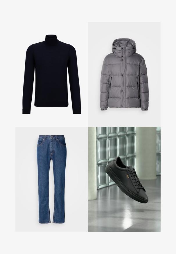 Grå polstret jakke med hætte, trykknaplukning og sidelommer med lynlås. Har en quiltet design og glat, blank stoftekstur.; Mørkeblå turtleneck sweater lavet af fint strikstof, med lange ærmer og en tætsiddende, høj halsudskæring. Ingen synlige mønstre eller detaljer.; Blå denimjeans med lige snit, fem-lomme-design og lys syning. Har lynlås og knaplukning foran.; Sort lavtopet lædersneaker med sorte snørebånd og gyldent BOSS-logo på siden, svævende over en blank grå gulv i et moderne indendørs rum.