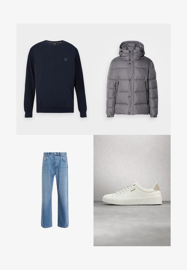 Veste rembourrée grise avec capuche, fermeture à boutons pression et poches zippées sur les côtés. Caractéristiques d'un design matelassé et d'une texture en tissu lisse et brillant.; Pull à col rond bleu marine en tissu tricoté, avec des poignets et un ourlet côtelés. Un logo circulaire est positionné sur la poitrine.; Jeans en denim bleu clair avec une coupe droite, cinq poches, fermeture à bouton, peu d'usure et des détails de couture contrastés.; Baskets blanches basses avec lacets et languette de talon beige, marquées "HUGO", flottant au-dessus d'un sol en béton poli près d'un mur en blocs de verre.