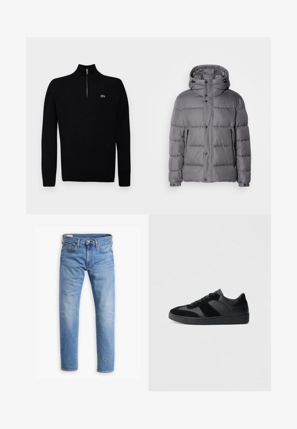 Chaqueta acolchada gris con capucha, cierre de botones a presión y bolsillos con cremallera laterales. Presenta un diseño acolchado y una textura de tela suave y brillante.; Suéter ligero negro con cuello de media cremallera, con puños y dobladillo acanalados, que presenta un pequeño logo verde en el pecho.; Vaqueros de mezclilla azul claro con corte recto, diseño de cinco bolsillos, cierre de botón de metal y un ligero desgaste en la parte frontal para añadir textura.; Zapatillas negras que combinan cuero liso y ante, con una suela de goma negra texturizada y un sutil detalle de rayas.
