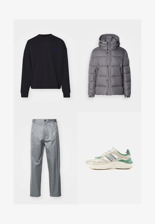 Grå polstret jakke med hætte, trykknaplukning og sidelommer med lynlås. Har en quiltet design og glat, blank stoftekstur.; Sort sweatshirt lavet af bomuld, med rund halsudskæring og løs pasform. Den har et lille blåt broderet logo på brystet.; Grå bomuldsblandede bukser med lige ben-design, der har en frontknaplukning, bæltestropper og sidelommer.; Lavtop sneaker i beige og grøn med hvid sål, side logo-striber og tekstureret design, vinklet mod venstre på hvid baggrund.