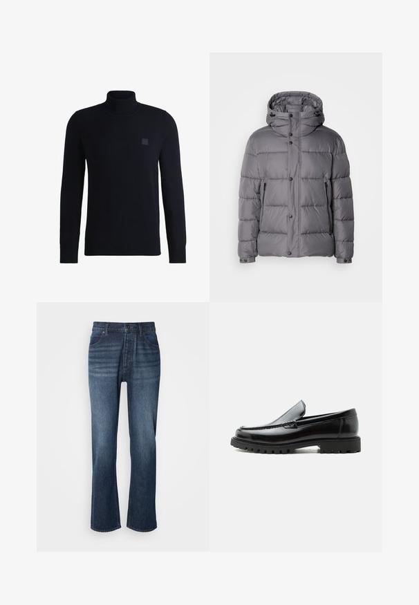 Grå polstret jakke med hætte, trykknaplukning og sidelommer med lynlås. Har en quiltet design og glat, blank stoftekstur.; Marineblå højhalset sweater lavet af blødt strikmateriale, med lange ærmer og ribbestrikket krave. Inkluderer et firkantet logo-patch på brystet.; Denim jeans med lige ben design, medium vask, fem-lomme stil og knaplukning. Stoffet har en glat tekstur med let falmede områder.; Sort læderloafer med chunky gummisål, syet overdel og præget mærkenavn på hælen, vist i sideprofil på hvid baggrund.