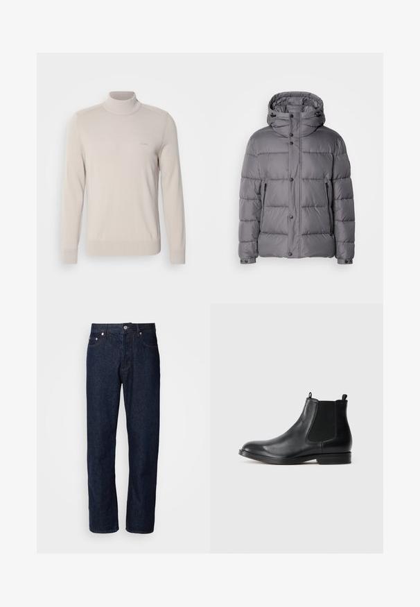 Grå polstret jakke med hætte, trykknaplukning og sidelommer med lynlås. Har en quiltet design og glat, blank stoftekstur.; Lys beige turtleneck sweater lavet af blødt stof. Har ribbede manchetter og kant, med et diskret logo på brystet. Klassisk design.; Mørkeblå denimjeans med lige ben, der har fem lommer, knaplukning og diskrete syninger.; Sorte læder Chelsea støvler med elastiske sidepaneler, rund tå, trækstrop og en lav blokhæl. Glat tekstur og minimalistisk design.
