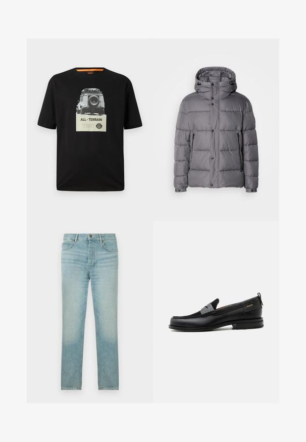 Chaqueta acolchada gris con capucha, cierre de botones a presión y bolsillos con cremallera laterales. Presenta un diseño acolchado y una textura de tela suave y brillante.; Camiseta de algodón negra con cuello redondo, que presenta una impresión gráfica de un vehículo clásico y el texto "TODOTERRENO" en el pecho.; Jeans de mezclilla azul claro con un corte recto, que presentan un lavado desgastado, diseño de cinco bolsillos y un cierre frontal con botón.; Mocasín de cuero negro con detalle de tira gris, tacón bajo y suela texturizada, con la marca "HUGO" en oro en el lateral.