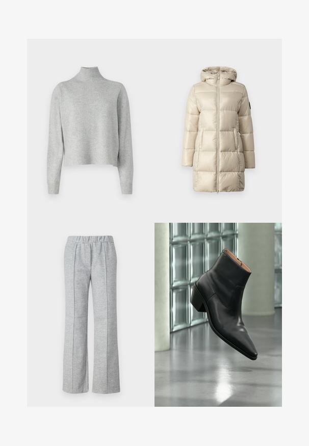 Abrigo acolchado en beige, con un diseño de cuadrícula, cierre de cremallera frontal y capucha. El material es brillante y suave, con bolsillos laterales y un acento de logo.; Suéter de cuello alto gris claro, hecho de una suave tela de punto, con mangas largas y dobladillo y puños acanalados. Sin patrones ni detalles metálicos.; Pantalones grises de pierna ancha hechos de una tela texturizada; cuentan con una cinturilla elástica y detalles de pliegues en el frente. Diseño limpio y minimalista.; Botín de piel negra con puntera puntiaguda y tacón cuadrado que levita sobre un suelo gris reflectante cerca de una pared de bloques de cristal.