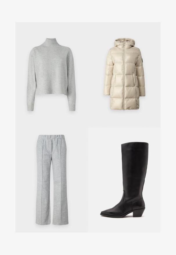 Abrigo acolchado en beige, con un diseño de cuadrícula, cierre de cremallera frontal y capucha. El material es brillante y suave, con bolsillos laterales y un acento de logo.; Suéter de cuello alto gris claro, hecho de una suave tela de punto, con mangas largas y dobladillo y puños acanalados. Sin patrones ni detalles metálicos.; Pantalones grises de pierna ancha hechos de una tela texturizada; cuentan con una cinturilla elástica y detalles de pliegues en el frente. Diseño limpio y minimalista.; Bota de cuero negra hasta la mitad de la pantorrilla con puntera puntiaguda y tacón bajo inclinado sobre un fondo claro y liso.