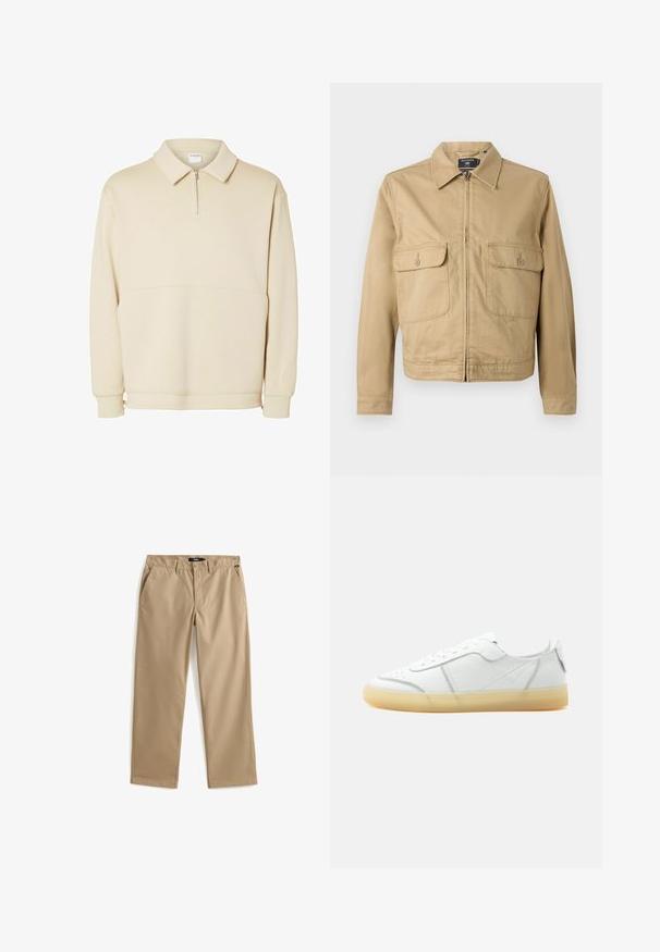 Lysebrun bomuldsjakke med krave, lynlås foran og to brystlommer. Har en glat tekstur og et cropped, lige snit.; Beige pullover sweatshirts lavet af blødt stof, med lynlås i halsen, krave og en afslappet pasform med en simpel vandret sømdetalje.; Beige bukser med lige ben, knap- og lynlåslukning, bæltestropper og sidelommer, lagt fladt på en hvid baggrund.; Hvid lavtop læder sneaker med beige gennemsigtig sål, snørelukning foran og minimal syning, vist fra siden mod en ensfarvet baggrund.