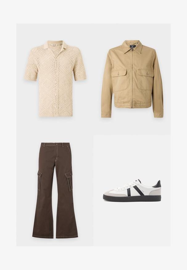 Veste en coton beige avec col, fermeture éclair sur le devant et deux poches poitrine. Présente une texture lisse et un design court à coupe droite.; Cardigan en tricot beige à manches courtes avec un motif en losanges, doté d'une fermeture à boutons et d'un col. Fabriqué à partir de matériau léger.; Pantalons cargo marron avec des jambes évasées, dotés de poches latérales, d'accents de couture blanche et d'une fermeture à bouton en métal.; Baskets blanches avec des accents noirs et gris, présentant un embout texturé gris, une semelle en caoutchouc noir et des lacets plats blancs. Design épuré, style minimaliste.