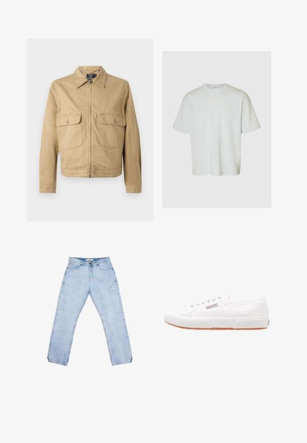 Veste en coton beige avec col, fermeture éclair sur le devant et deux poches poitrine. Présente une texture lisse et un design court à coupe droite.; Selected SLMLOOSEOSCAR - T-shirt basique - ice melt; Jean en denim bleu clair avec une coupe droite, comprenant cinq poches, une fermeture à bouton et un léger effet délavé. Pas de motifs ni de logos visibles.; Baskets en toile blanches avec une semelle en caoutchouc, design à lacets et une petite étiquette logo sur le côté. Tige blanche texturée et semelle extérieure marron.
