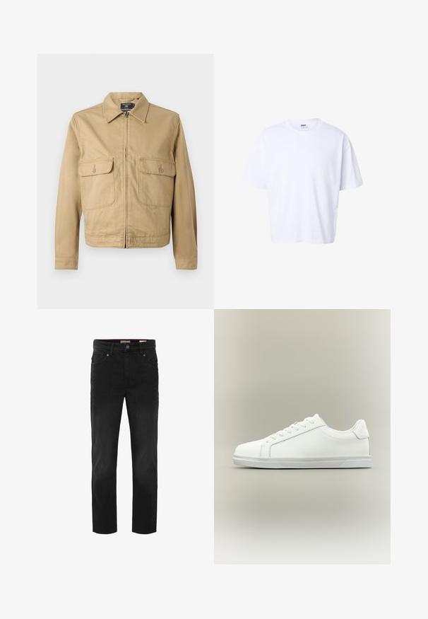 Veste en coton beige avec col, fermeture éclair sur le devant et deux poches poitrine. Présente une texture lisse et un design court à coupe droite.; T-shirt blanc uni en coton à manches courtes, col rond, coupe ample et étiquette de marque Urban Classic à l'intérieur du col.; Jean en denim noir avec une coupe droite. Comprend cinq poches, une fermeture à bouton et une texture subtile. Fini propre et classique.; Baskets blanches basses à lacets sur l'avant avec semelle en caoutchouc texturée, sur fond neutre uni.