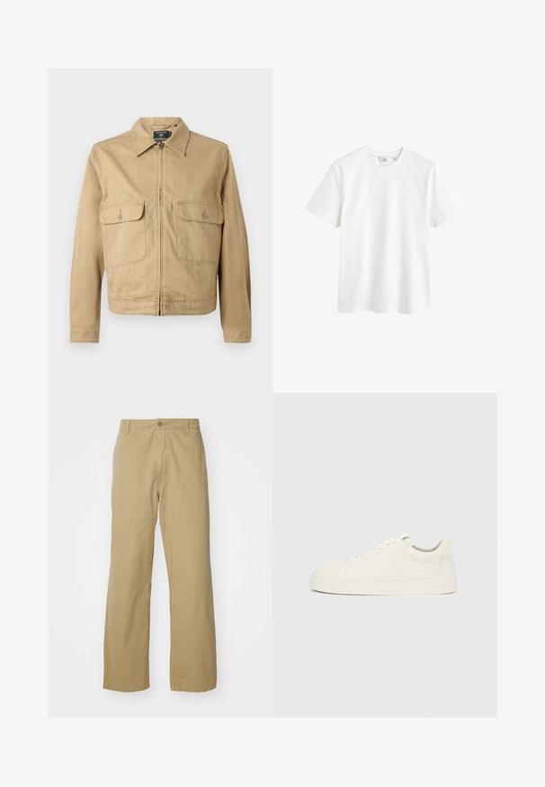 Beige Baumwolljacke mit Kragen, Reißverschluss vorne und zwei Brusttaschen. Verfügt über eine glatte Textur und ein kurzes, gerade geschnittenes Design.; Weißes Baumwoll-T-Shirt mit Rundhalsausschnitt, kurzen Ärmeln und lässiger Passform. Glatte Textur und keine sichtbaren Muster oder Akzente.; Khakifarbene Baumwollhose mit geradem Bein, ausgestattet mit einem vorderen Knopfverschluss und Seitentaschen. Glatte, robuste Textur.; Weißer Sneaker aus Leder mit niedrigem Schaft, Schnürverschluss und flacher Sohle vor einfarbigem hellgrauem Hintergrund, Seitenansicht.