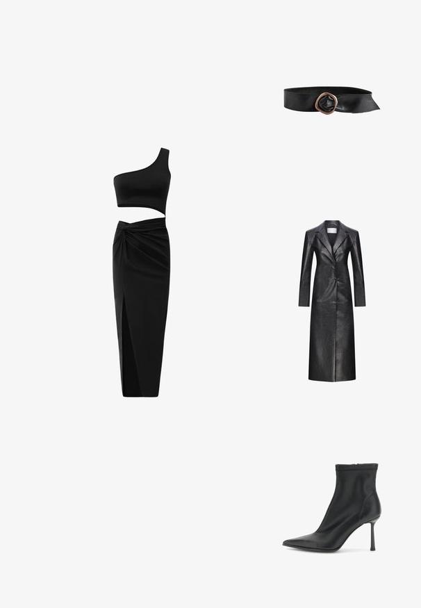 Zwarte leren lange jas met een enkelvoudige sluiting, gezette revers, lange mouwen en een gladde textuur. Heeft twee knopen en een rechte snit.; Zwarte one-shoulder crop top met een uitsnijding in de taille, gecombineerd met een lange, geplooide rok met hoge taille en een voorsplit.; Zwarte leren enkelboot met puntige neus, middenhoge stilettohak en zijritssluiting, getoond op een witte achtergrond.; Zwarte leren riem met een brede band en een grote onregelmatige koperen metalen gesp.