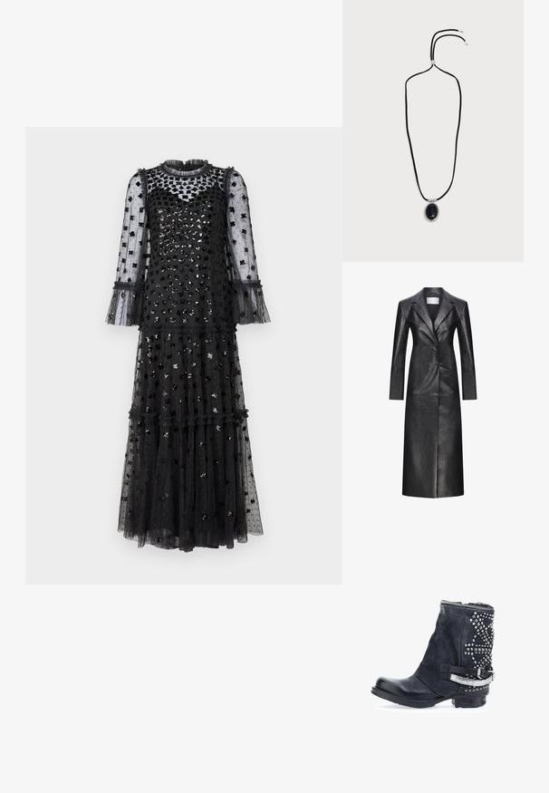 Manteau long en cuir noir au design à boutonnage simple, avec revers crantés, manches longues et texture lisse. Il dispose de deux boutons et d'une coupe droite.; Needle & Thread GLISTEN TIERED GOWN - Robe de cocktail - graphite; Bottine en cuir noir avec une finition texturée, des clous argentés sur le côté et une sangle à boucle métallique. Elle dispose d'une fermeture éclair sur le dessus.; Collier en cordon noir avec fermoir en argent réglable et pendentif ovale en pierre noire serti dans un cadre argenté texturé.