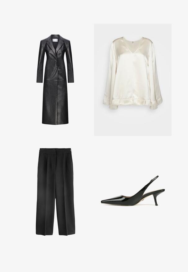 Zwarte leren lange jas met een enkelvoudige sluiting, gezette revers, lange mouwen en een gladde textuur. Heeft twee knopen en een rechte snit.; By Malene Birger EXCLUSIVE AVELAS - Blouse - pearl; Hoge zwarte broeken met een wijd uitlopende pasvorm, gemaakt van gladde stof. Heeft voorplooien en een knoopsluiting in de taille.; Zwarte patenten leren slingback schoen met een spitse neus en een lage stilettohak. Heeft een gladde textuur en een minimalistisch ontwerp.