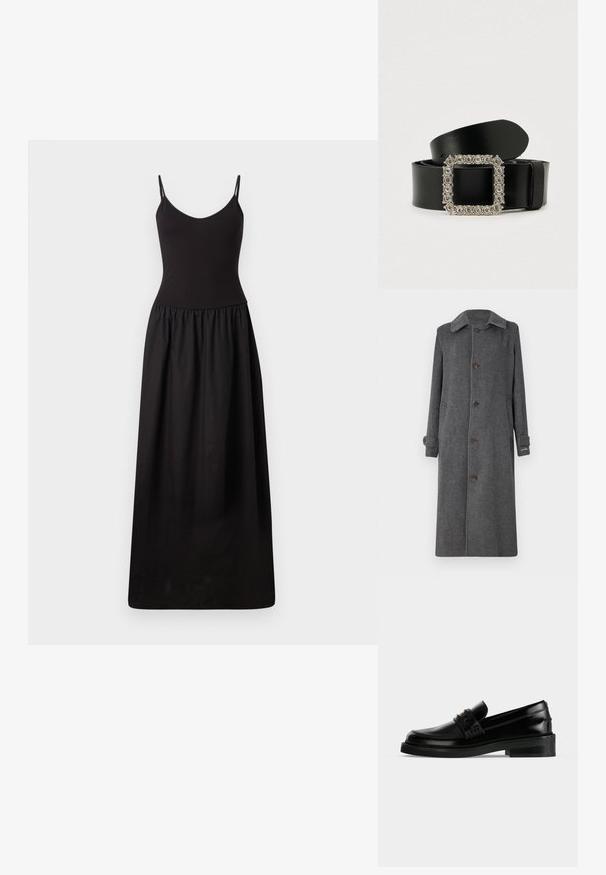 Grijze wollen jas met een knoopsluiting aan de voorkant, spreidkraag en twee zijzakken. Kenmerken zijn lange mouwen en iets omgeslagen manchetten.; Zwart maxi-jurk met dunne verstelbare bandjes, fitted corsage, geplooide taille en gladde stof, die tot op de vloer reikt met een eenvoudige silhouet.; Zwarte gepolijste leren loafer met lage blokhak, moc toe stiksels en een decoratieve band aan de bovenkant.; Zwarte leren riem met een vierkante zilveren gesp versierd met fonkelende ronde kristallen. Gladde textuur met een minimalistisch design.
