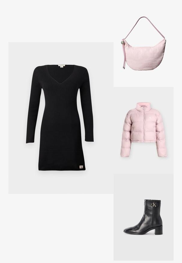 Doudoune courte rose clair avec manches longues, fermeture éclair devant, poches latérales et petit logo blanc "CK" sur la poitrine gauche.; Robe noire en maille côtelée avec manches longues, encolure en V, et une petite étiquette de marque près de l'ourlet sur un fond clair uni.; Botte de cheville en cuir noir avec un bout pointu, un talon carré et une sangle avec un détail de logo métallique. Texture lisse et design minimaliste.; Sac d'épaule croissant doux rose avec une sangle en corde réglable, un arrêt en métal et un logo "cK" en relief subtil au centre avant.