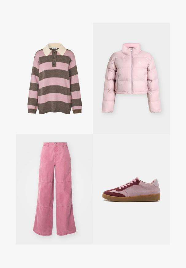 Doudoune courte rose clair avec manches longues, fermeture éclair devant, poches latérales et petit logo blanc "CK" sur la poitrine gauche.; Pull en tricot à rayures roses et marron avec un col crème, comportant trois boutons au niveau du cou et des poignets et un ourlet côtelés.; Pantalons larges roses en coton, avec une finition délavée. Deux coutures horizontales créent un design de panneau distinct. Fermeture à bouton à l'avant.; Baskets en cuir suédé avec une combinaison de couleurs rose et bordeaux, à lacets, avec des détails cousus et une semelle en caoutchouc texturé.