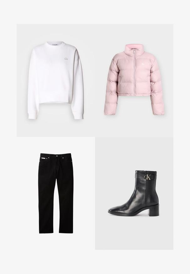 Lichtroze korte pufferjas met lange mouwen, ritssluiting aan de voorkant, zijzakken en een klein wit "CK"-logo op de linkerborst.; Witte cropped sweatshirt, van een katoenmix, met een ronde hals, lange mouwen, ribgebreide manchetten, featuring een klein Lacoste-logo op de borst.; Zwarte denim jeans met een rechte pijp, voorzien van een knoop- en ritssluiting, vijf zakken en een klein logovlaggetje op de tailleband.; Zwarte leren enkellaars met een spitse neus, blokhak en een bandje met een metallic logo. Gladde textuur en minimalistisch ontwerp.