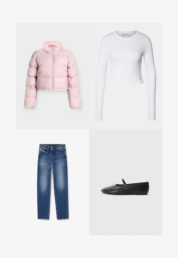 Doudoune courte rose clair avec manches longues, fermeture éclair devant, poches latérales et petit logo blanc "CK" sur la poitrine gauche.; Crop top blanc à manches longues en tissu côtelé. Il présente un col rond et une petite étiquette logo sur le bas à gauche.; Jean en denim bleu moyen avec une finition délavée. Comprend cinq poches, des passants de ceinture et une coupe droite. Les accents de broderie sont visibles.; Ballerines noires en cuir avec un bout pointu, une semelle plate et une petite sangle avec un détail de boucle en argent.